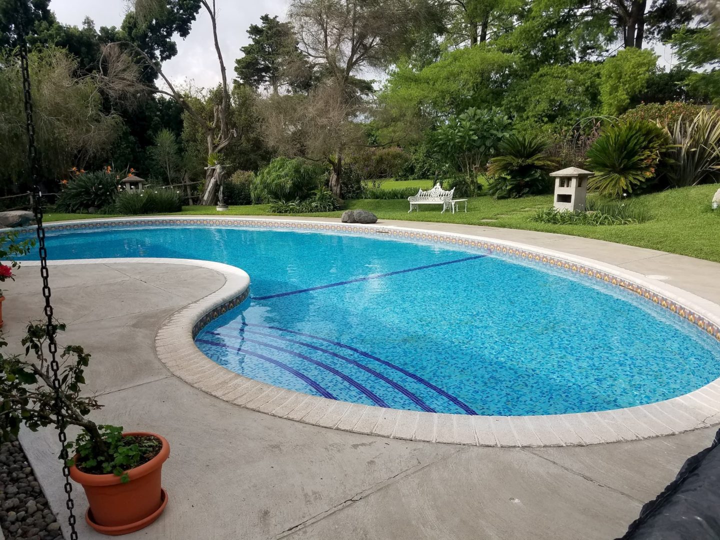 Blue pool in the backyard, beautiful yard - Does a Pool Add Value to Your House