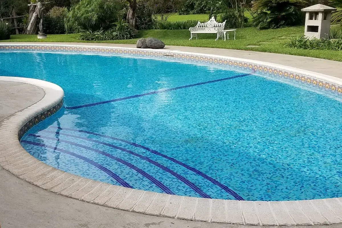 Nice backyard pool with easy steps down into clear blue water